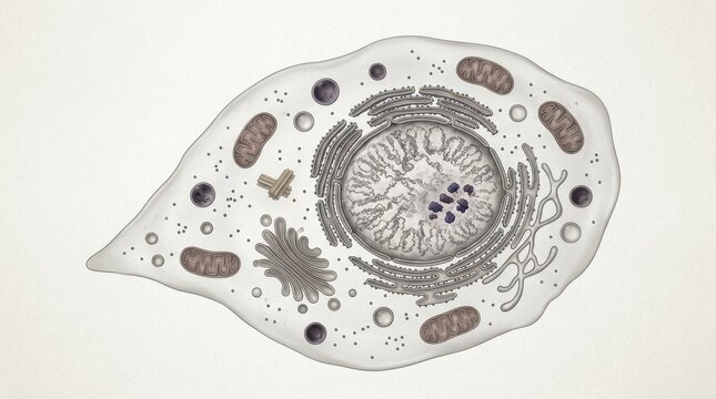 Detailed animal cell diagram illustration showing DNA repair process with nucleus, mitochondria, endoplasmic reticulum and organelles in monochrome scientific