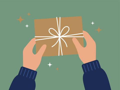 Illustration showing person hands holding square brown package wrapped in white string with bow on green background.