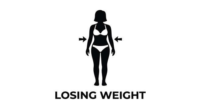 Silhouette of a woman s figure with arrows indicating weight loss on a white background