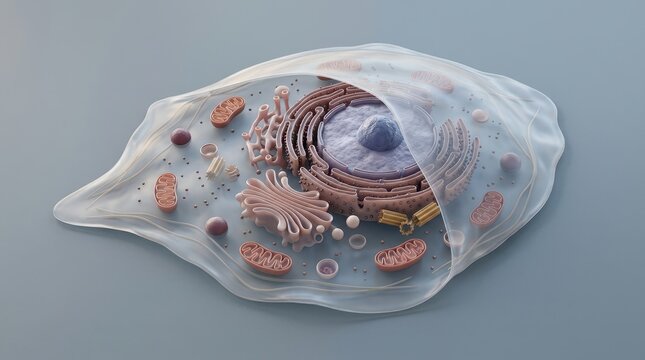Flattened animal cell scientific illustration with elongated transparent body, nucleus, golgi, mitochondria and centrioles on grey backdrop