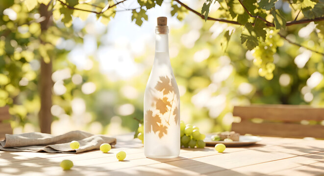 Blank frosted glass wine bottle mockup on wooden table with leaf shadows - V1