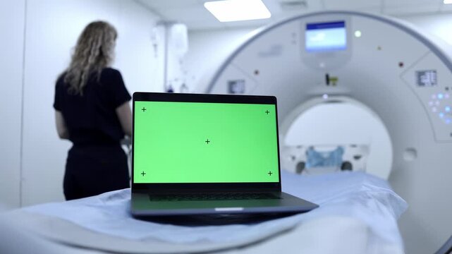 Laptop with green chroma key screen on a CT scanner table while a medical technician works in the background.