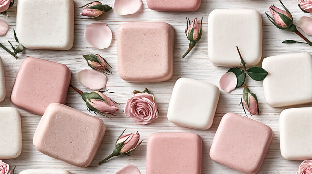 Seamless pattern of natural cosmetic soap and rose flowers.