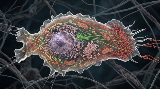 Migrating animal cell with visible cytoskeleton filaments, nucleus and organelles extending pseudopods across a dark fibrous matrix