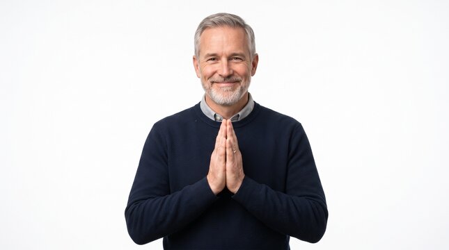 Smiling mature man with gray hair and beard in navy sweater praying or greeting with hands clasped together