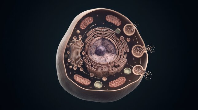 Secretory animal cell exocytosis 3D render showing vesicle release, nuclear envelope, Golgi stack and mitochondria on dark background