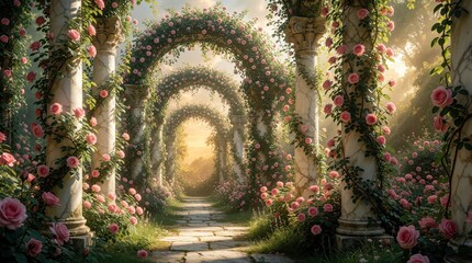 Obraz premium Enchanted garden with white marble columns covered in pink blooming roses. Stone path leads through romantic floral arches in mystical sunny park. Ethereal light shines through plants creating
