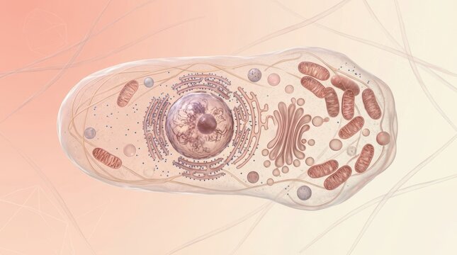 Transparent animal cell cutaway in warm pink tones revealing nucleus, mitochondria, rough endoplasmic reticulum and cytoskeletal fibers on gradient background