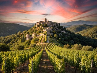 Obraz premium Old hilltop village sits above rich green vineyard during colorful sunset. Scenic landscape shows grape vines in foreground under pink clouds. Rural architecture, mountains create peaceful