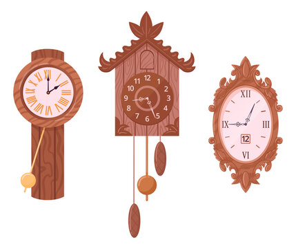 Antique clock collection. Decorative pendulum and wall clocks with carved cases and traditional dials flat vector illustration set. Classic horology graphics