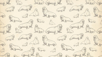 Fototapeta premium Vintage hand drawn walrus seamless pattern on beige background for christmas wrapping paper with copy space