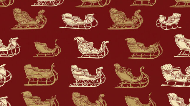 Vintage hand drawn santa sleigh seamless pattern on dark red background for christmas holiday wrapping paper with copy space