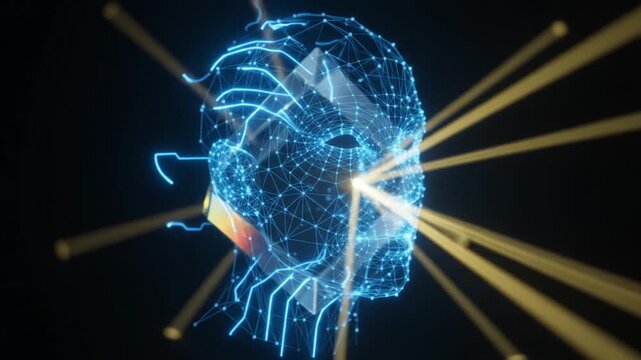 Abstract Digital Face with Crystal Cube and Light Rays, AI Brain Concept, Futuristic Technology