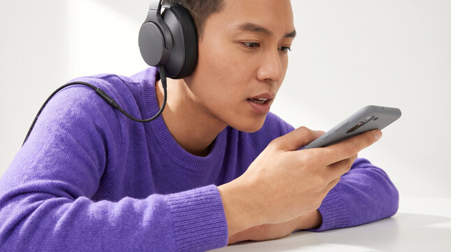 Young man using smartphone and wearing headphones while learning  
