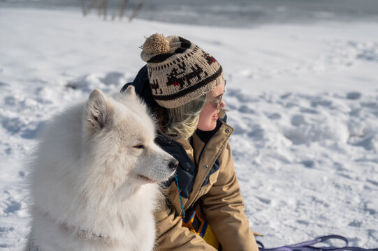 Young woman walking with fluffy samoyed dog in snowy winter park. 