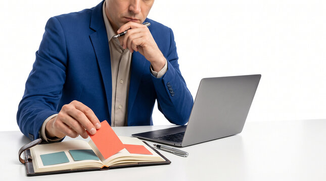Businessman planning goals and taking notes with laptop at desk  