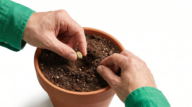 Hands planting seeds in a pot for gardening hobby  