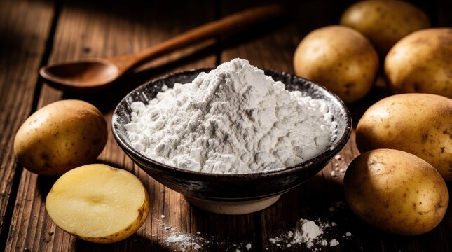 White potato starch powder in black ceramic bowl on rustic wooden table. Raw whole, sliced potatoes surround bowl with wooden spoon nearby. Organic vegetable ingredient for cooking baking thickening