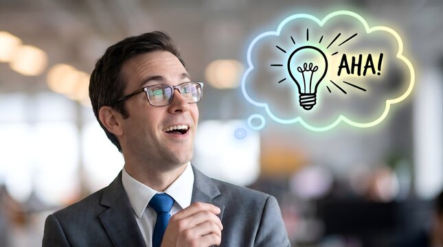 Smiling entrepreneur having a sudden epiphany with light bulb idea concept in colorful thought bubble against blurred office background