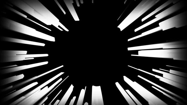 Burst effect animation radiates zoom streaks on pitch black. Dynamic kinetic motion acceleration drives burst effect animation. High velocity perspective shapes burst.