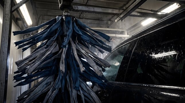 Rotating brush cleaning car in car wash