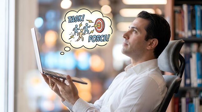 Ambitious businessman in white shirt leaning back in office chair holding a laptop with a thought bubble showing a team running toward a target for task force and goal achievement