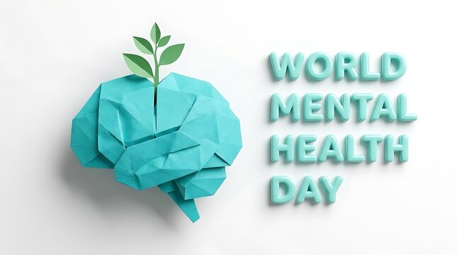 Mental health awareness Origami brain with sprouting plant and World Mental Health Day text origami, brain, mental health, world mental health day, growth, sprout