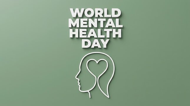 Mental health awareness World Mental Health Day text with 3D effect and profile silhouette of a head with a heart inside awareness