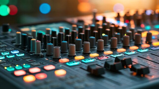 Audio mixer console with illuminated controls for sound engineering