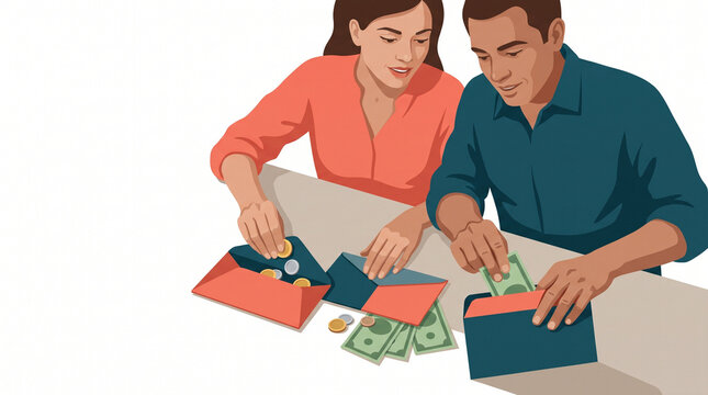 Couple budgeting finances together at a table with envelopes  