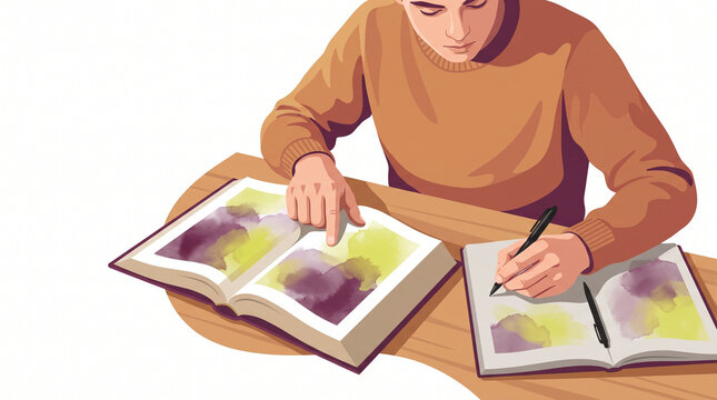 Young person studying and drawing in art book with colored markers  