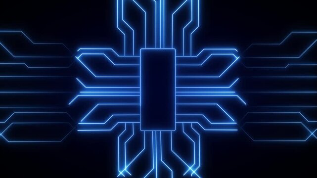 Circuit board lines animation radiates from a central chip. Electronic processor computing telemetry runs circuit board lines. High performance hardware drives lines.
