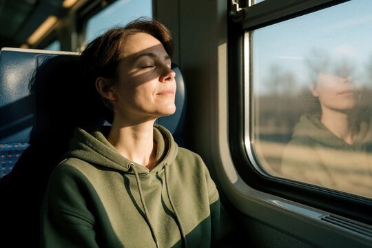 Peaceful caucasian woman sits by train window with closed eyes. Relaxed passenger enjoys calm journey, sunlight on face. Brunette female in green hoodie practices mindfulness meditation during