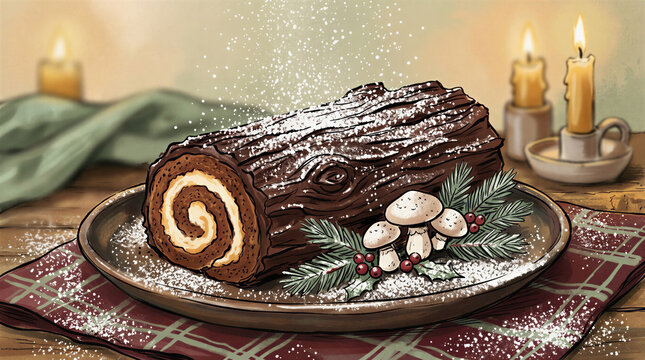 Chocolate yule log cake decorated with mushrooms and pine in winter for Christmas