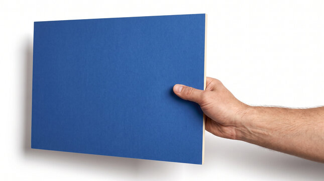 Hand holding blank blue sign against a white background  