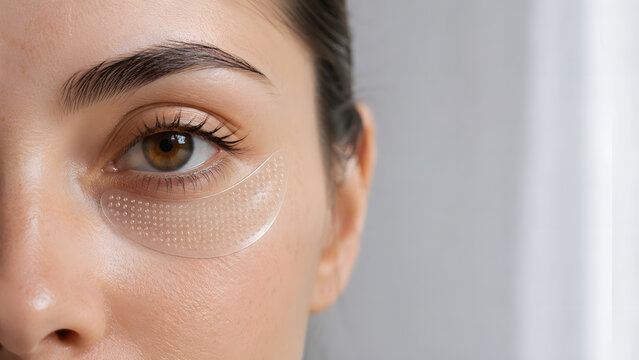 Woman wears a transparent crescent shaped microneedle patch beneath one eye in a tightly cropped facial portrait, revealing the dotted patch surface and natural skin texture in soft light.