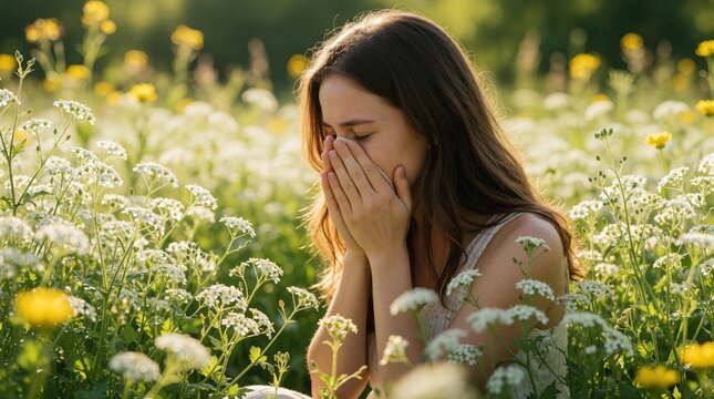 Young woman sneezes into tissue sitting in spring flower field. Female suffers from seasonal allergy hay fever outdoors. Girl allergic reaction to pollen in meadow under sunny sky. Nature environment