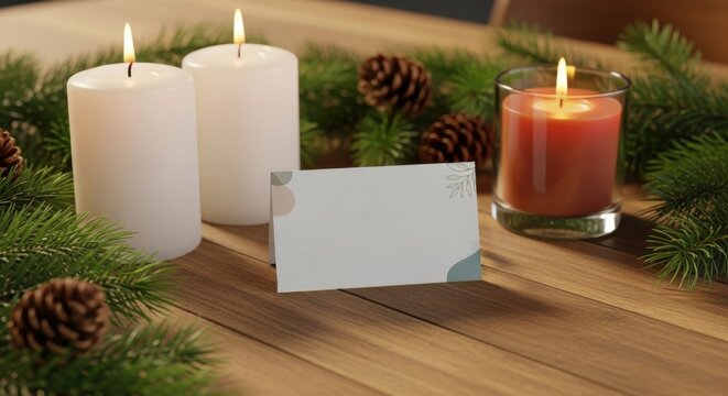 blank place card mockup on wooden table with burning candles, pine branches, and pine cones in cozy holiday setting
