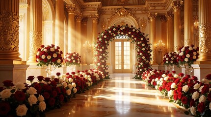 Obraz premium Golden ballroom interior decorated for luxury wedding ceremony. Red, white rose aisle leads to floral archway. Sunlight shines through columns in majestic palace hall. Elegant floral arrangements,