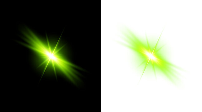 Dynamic green light flare a vibrant energy burst with contrasting black and white backgrounds