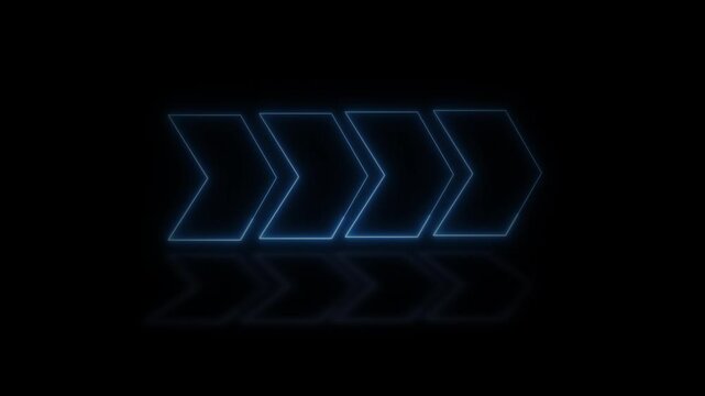 Chevron arrows animation points rightward with floor reflections. Sequential directional navigation routes on chevron arrows. User interface progression guides arrows.