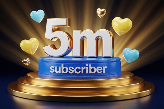 Golden podium with large 5m text, blue base celebrates five million subscribers. Shiny hearts float around silver numbers on podium stage. Digital marketing concept for social media success,