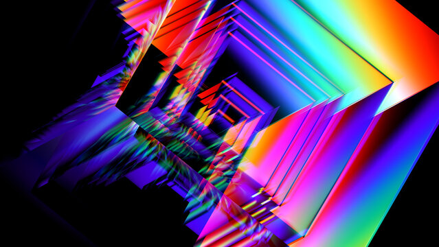 Colorful glass geometry with intersecting cubes and intense spectral reflections. Futuristic background with geometric glass forms and vibrant prismatic colors for creative visual projects. 3d render