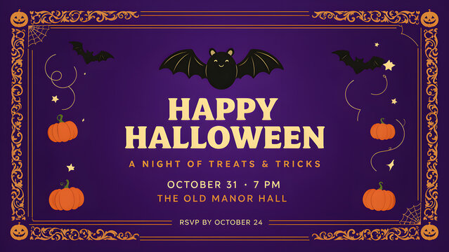Decorative halloween holiday frame with a cute bat silhouette and purple background for seasonal party invitation design,Halloween bash party invitation, created with generative ai
