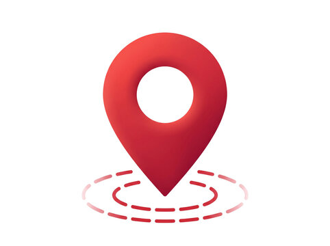 Red Location Pin Icon with GPS Signal Rings, Map Marker Navigation Symbol Isolated on White Background
