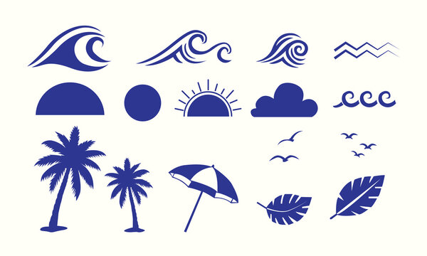 Set of blue tropical beach icons, palm trees, sea waves, sun and umbrella vector illustrations