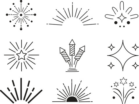 Set of black and white line art fireworks, sunbursts, stars and celebration elements