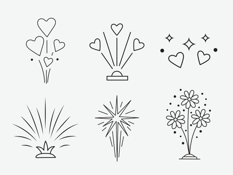 Set of black and white line art icons featuring hearts, fireworks, stars, and flowers