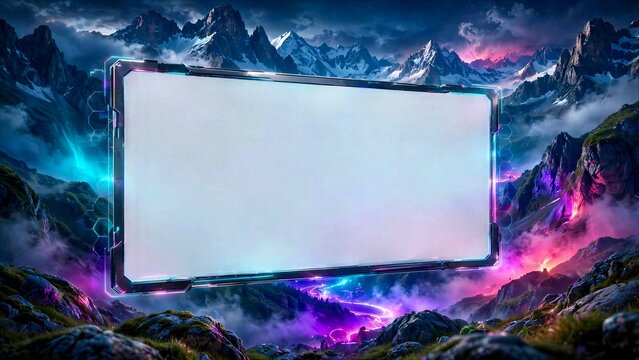 Futuristic Blank Neon Billboard in Dramatic Mountain Landscape with Copy Space