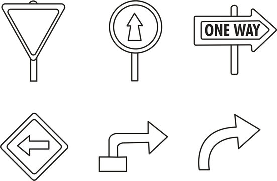 Set of outline road signs and direction arrows vector icons for traffic and navigation design